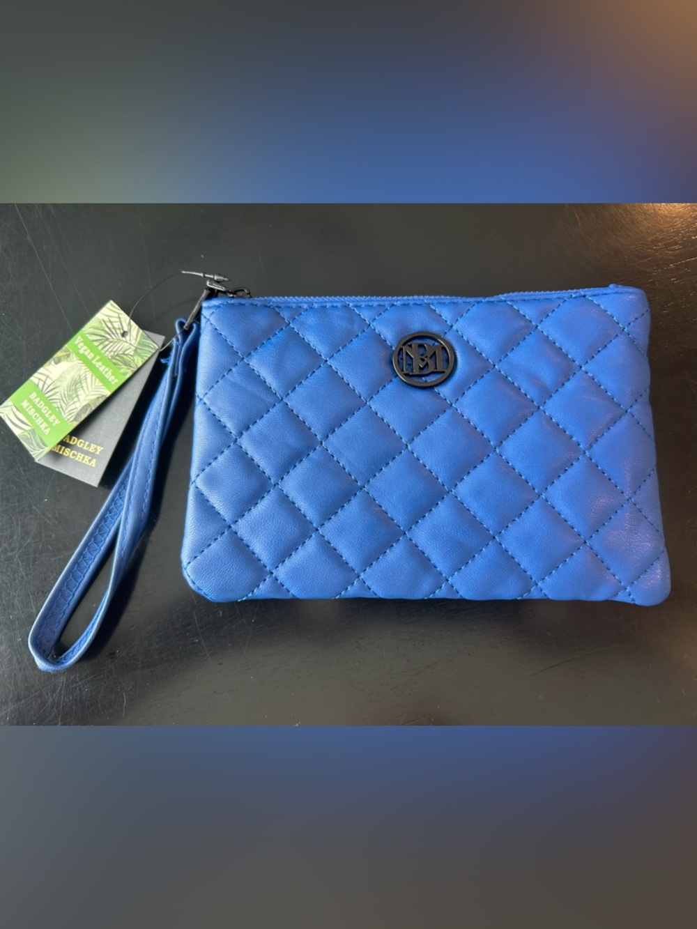 Badgley Mischka Quilted Royal Blue Wristlet Clutch vegan leather